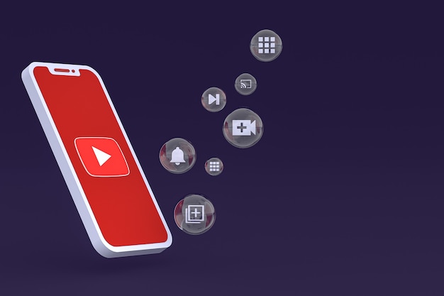 Icône Youtube sur écran smartphone ou téléphone mobile rendu 3d sur fond violet