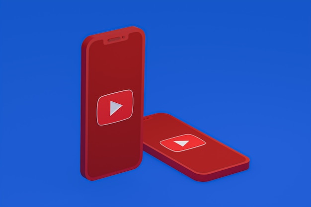 Icône Youtube sur le rendu 3d du smartphone ou du téléphone portable à l'écran