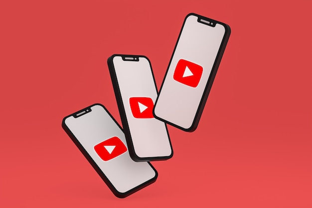 Icône Youtube sur le rendu 3d du smartphone ou du téléphone portable à l'écran