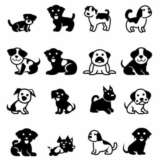 Icones de chiens mignons ensemble d'animaux de compagnie silhouette plate icônes de chiots drôles de personnages de chiens pictogramme minimal signe de tissage