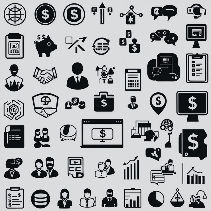 Photo icones commerciales et financières en noir et blanc dans un modèle de conception graphique vectoriel simpliste