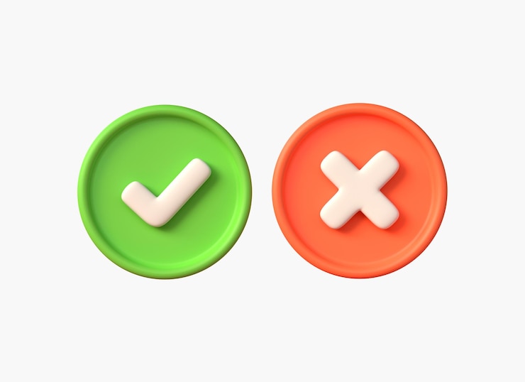 Photo icones de croix verte 3d et de croix rouge okyesno éléments de conception graphique droite marque de contrôle symbole accepté et rejeté illustration de style dessin animé isolée sur fond blanc rendu 3d