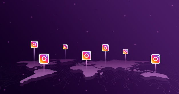 Icônes du logo Instagram sur tous les continents de la carte du monde 3d