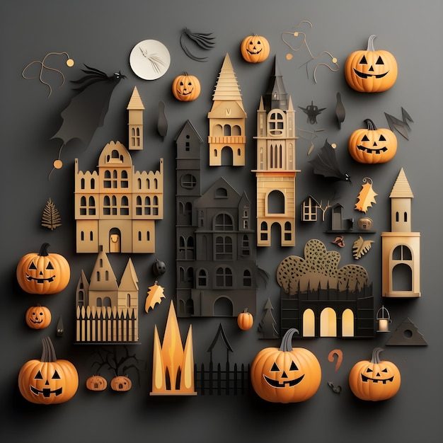 Icônes de fond d'Halloween de chauves-souris et de bougies de citrouilles de maison hantée