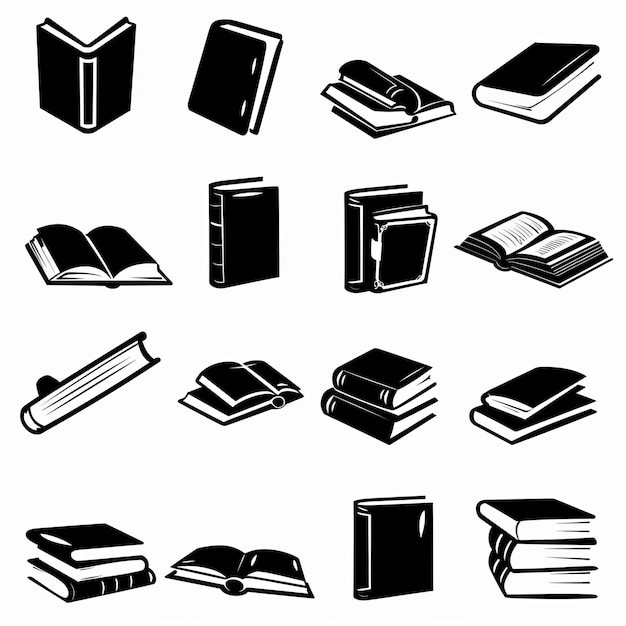 Les icônes des livres en noir et blanc, les symboles des manuels, l'éducation, les pictogrammes, le logo minimal de la librairie.
