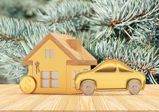 Icônes de maison, de voiture et de pièces sur l'arbre de Noël