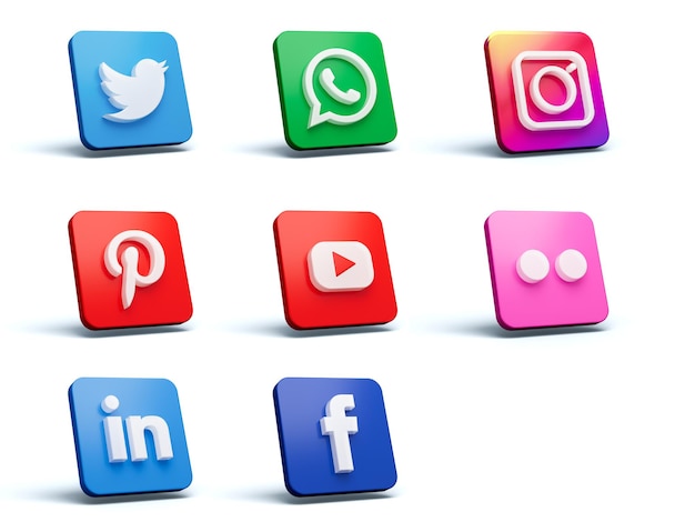Icônes de médias sociaux sur fond blanc de forme carrée 3d