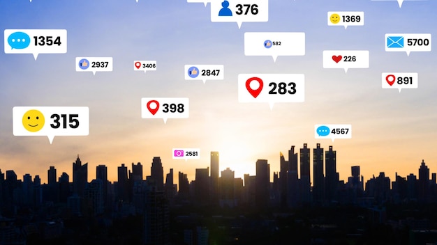 Les icônes des médias sociaux survolent le centre-ville de la ville montrant la connexion d'engagement des gens