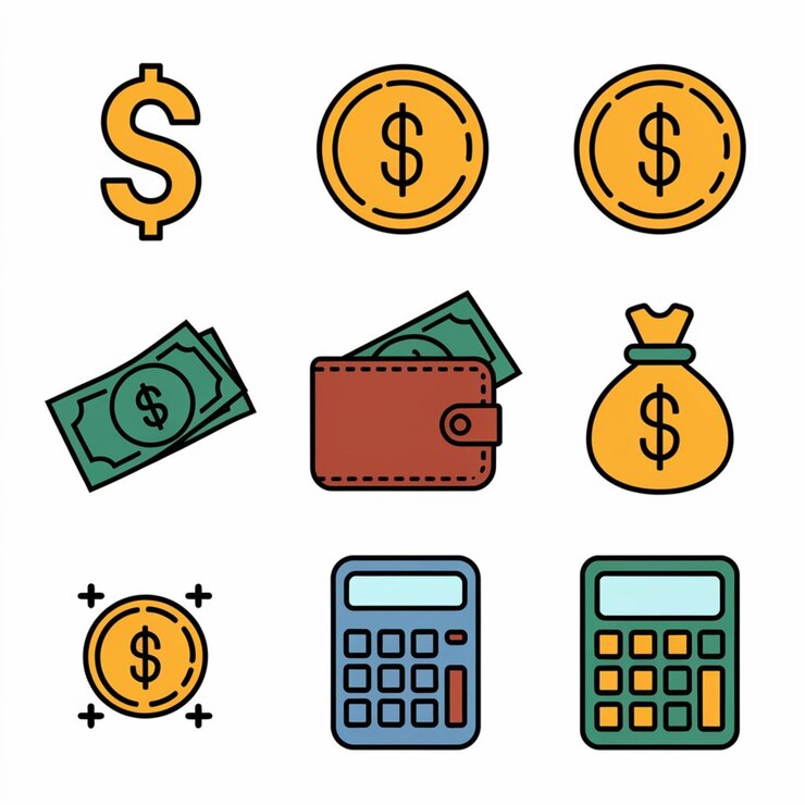Photo les icônes modernes des affaires et des finances mettent en place le signe dollar, la pièce de monnaie, le portefeuille, le sac d'argent, le calculateur, le graphique.