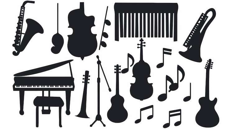 Photo les icônes de la musique en silhouette noire piano guitare violon saxophone tambours notes de musique