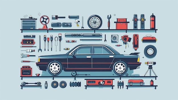 Icones plates avec un contexte de concept de service de réparation de voitures