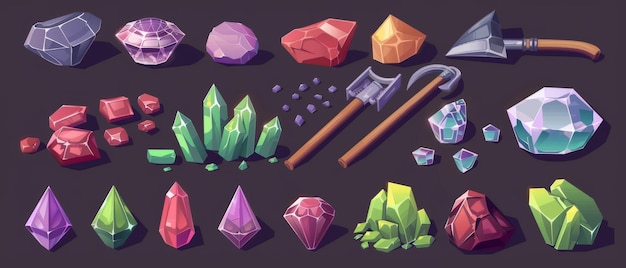 Icones pour un jeu de mineur de pierres précieuses pile de cristaux de pierre précieuse rouge vert et violet brillant pelle et pioche avec des poignées en bois pour l'extraction