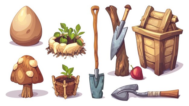 Photo icones représentant des outils de jardinage et des récoltes pour un jeu de ferme contient des œufs de poule dans des nids pelle avec poignée en bois et lame métallique ruche en bois et poivre rouge mûr