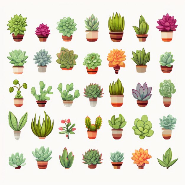 Icones de style plat succulentes montées Illustration de feuillage très détaillée