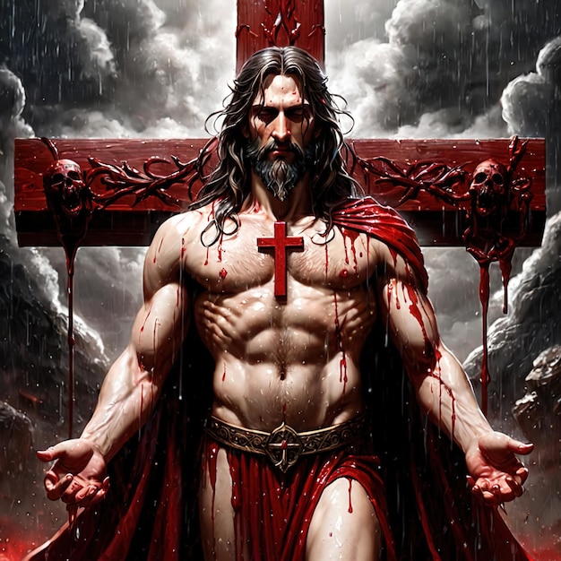 Photo iconographie chrétienne religieuse illustration de jésus sur une croix illustration noire et rouge