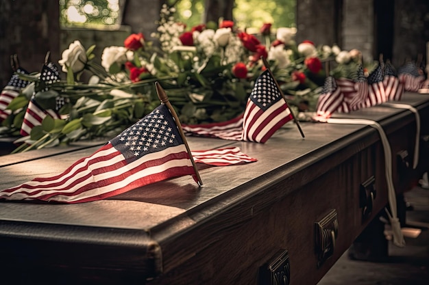 Idéal pour célébrer le 4 juillet, le jour du souvenir des soldats américains Graves cercueils alignés avec le drapeau national des États-Unis, la fête nationale de l'Amérique Generative AI