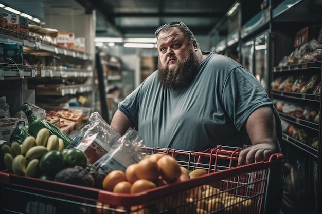 L'idée d'une alimentation saine et d'une perte de poids un grand homme avec un chariot de nourriture dans un supermarché