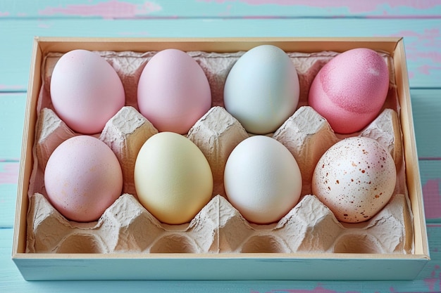 Idée de cadeau de Pâques astucieuse Des œufs de couleurs pastel disposés dans une boîte