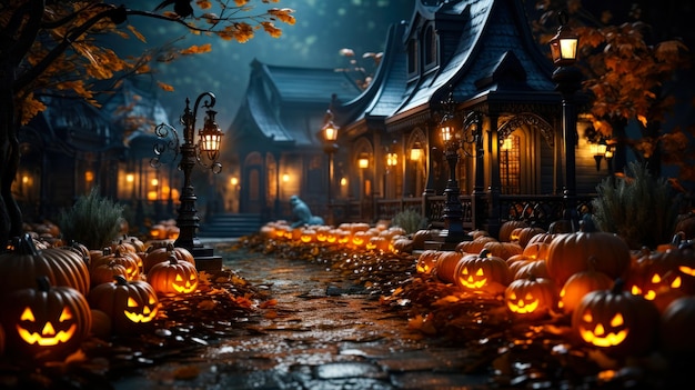 Photo l'idée d'une carte postale avec la rue de la vieille ville décorée pour halloween générée par l'ia