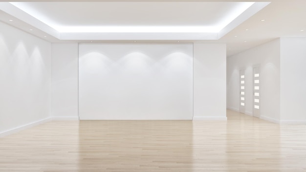 Idée d'une chambre scandinave vide blanche illustration intérieure rendu 3D avec plancher en bois et grand mur et fond blanc intérieur Home nordic
