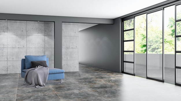Idée d'une chambre scandinave vide blanche illustration intérieure rendu 3D avec plancher en bois et grand mur et fond blanc intérieur Home nordic