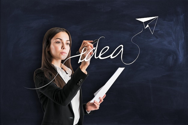 Idée créative et concept de stratégie avec une jeune femme sur fond de tableau noir écrivant un mot d'idée avec un avion en papier