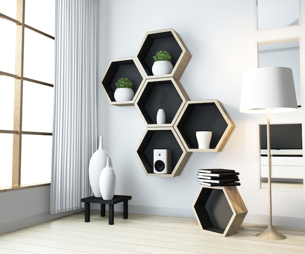 Idée de design en bois étagère hexagone sur mur salon style zen moderne