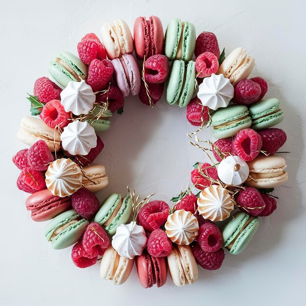 Idée de dessert de Noël macarons couronne avec des meringues et des framboises