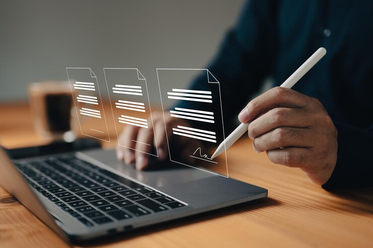 Photo l'idée du lieu de travail sans papier comprend la signature électronique et la gestion des documents un homme d'affaires utilise un stylet pour signer un document électronique sur un écran de bloc-notes virtuel