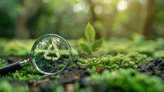 Photo l'idée du réchauffement climatique et une loupe avec un signe de carbone réduisant les émissions de co2 sur un fond vert ia générative