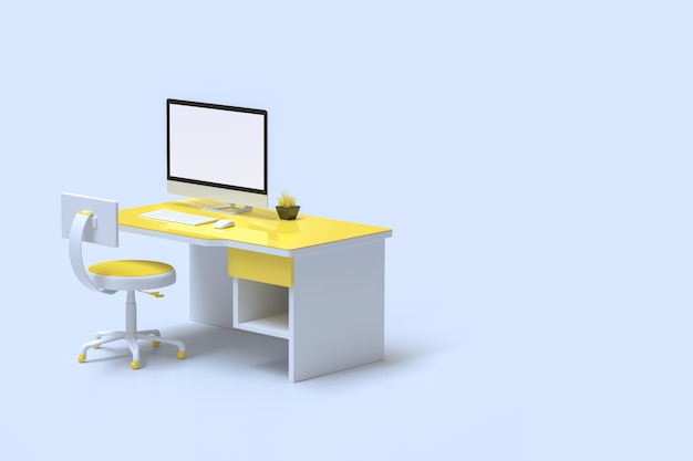 Idée minimale, maquette de l&#39;ordinateur sur bureau couleur jaune