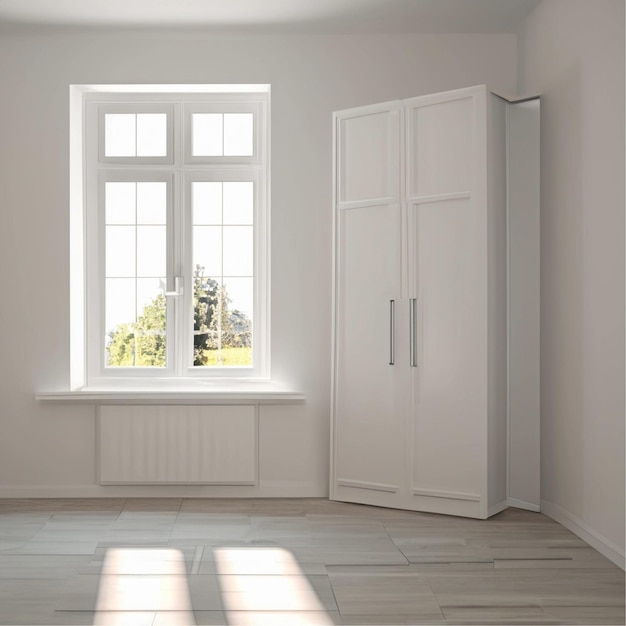 Photo idée d'une pièce blanche vide avec garde-robe et paysage blanc dans une grande fenêtre intérieur scandinave