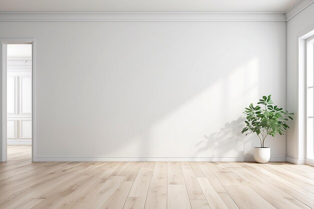 Idée d'une pièce scandinave blanche à l'intérieur illustration 3D avec plancher en bois et grand mur et blanc