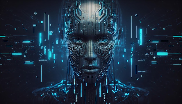 Idée de prise de contrôle de l'IA avec un visage numérique sur fond de technologie AI générative