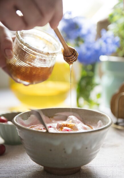 Idée de recette de photographie alimentaire de yaourt sain