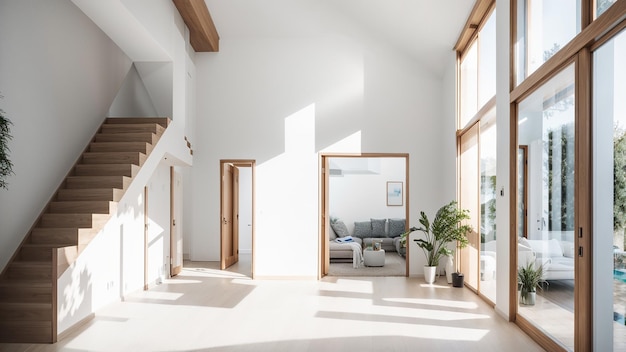 Idée de salon intérieur moderne et lumineux avec de grandes fenêtres