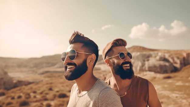 Idée de style de vie itinérant avec un couple homosexuel s'amusant AI générative