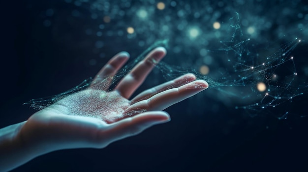 Idée de transformation numérique L'IA générative et une main humaine contactant une main numérique