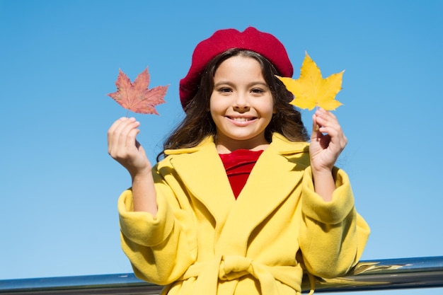 Photo idées d'automne inspirantes pour les loisirs d'automne une petite fille adore la saison d'automne un enfant tient des feuilles d'érable une petite fille porte une tenue d'automne à l'extérieur liste de seau d'automne pour les enfants ciel clair et beau temps