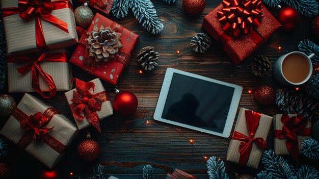 Idées de cadeaux de Noël et cadeaux Table avec technologie et décorations