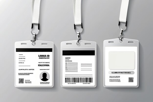 Identification cartes d'identité en plastique blanches blanches avec fermoir et cordes illustration vectorielle isolée