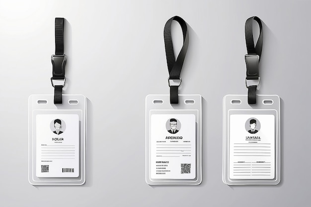 Identification cartes d'identité en plastique blanches blanches avec fermoir et cordes illustration vectorielle isolée
