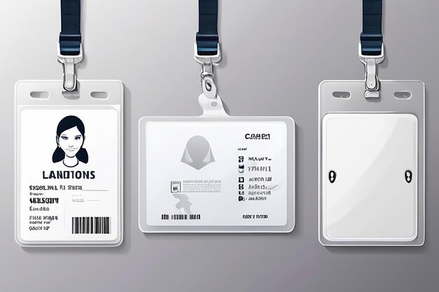 Identification cartes d'identité en plastique blanches blanches avec fermoir et cordes illustration vectorielle isolée