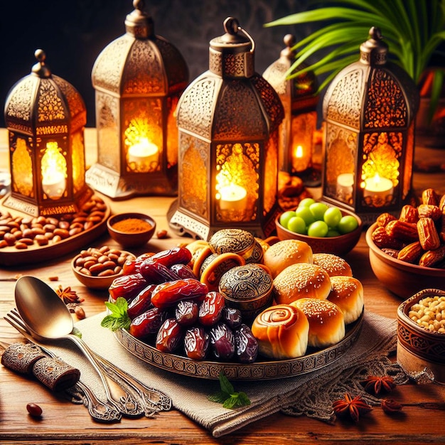 Iftar du Ramadan avec des dattes et de la nourriture arabe islamique