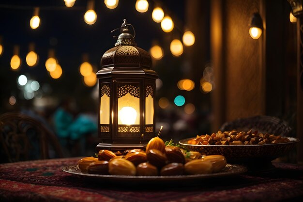 Iftar de la nuit du Ramadan avec des dattes des musulmans lampe lumières fraîches