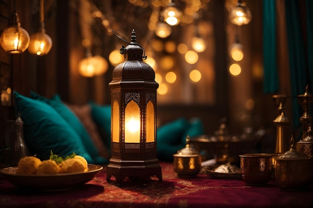Photo iftar de la nuit du ramadan avec des dattes des musulmans lampe lumières fraîches