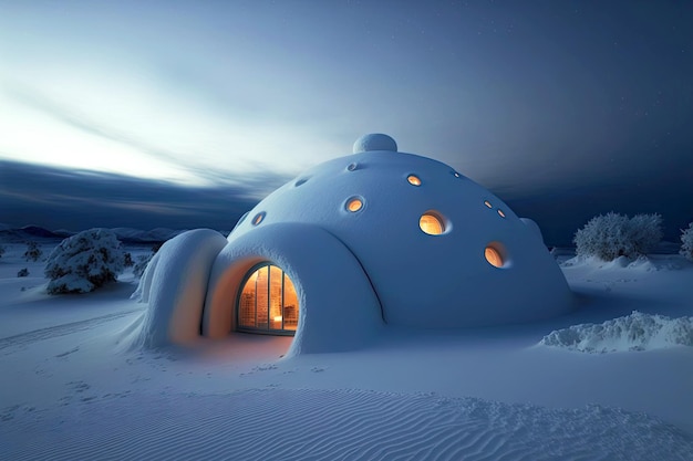 Igloo de neige de nuit polaire avec fenêtres rougeoyantes