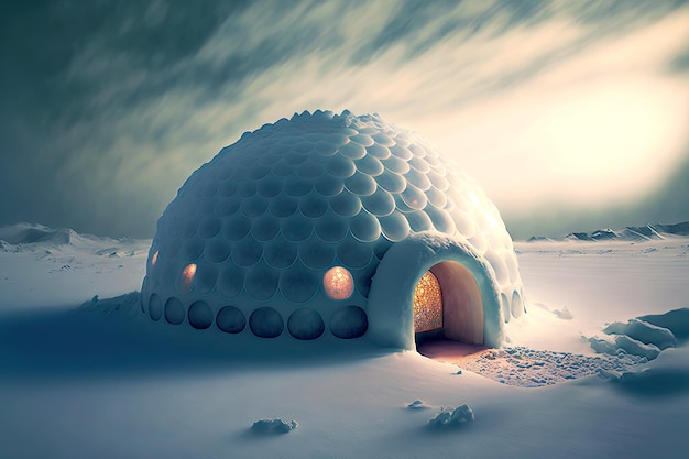 Igloo de neige de nuit polaire avec fenêtres rougeoyantes