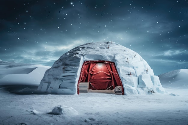 Photo un igloo typique sur une plaine enneigée et une lumière latérale en outre, il y a un poteau de noël génératif ai