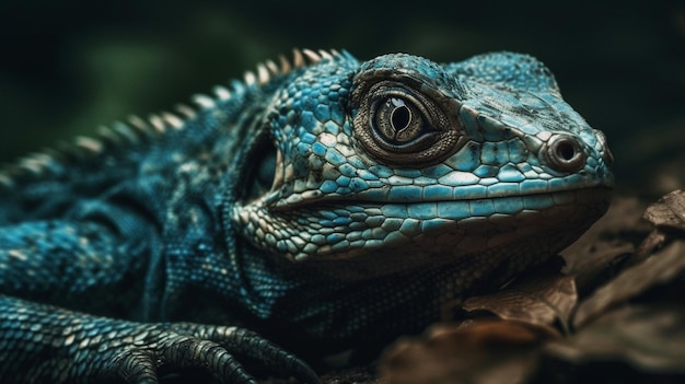 Un iguane bleu avec une feuille verte sur la tête